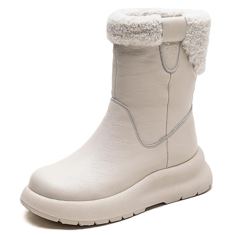Shanghai Jiechu's New Winter Mid-Tube Velvet-Lined Snow Boots - Solid Color, Thick-Soled, Casual Women's Footwear.