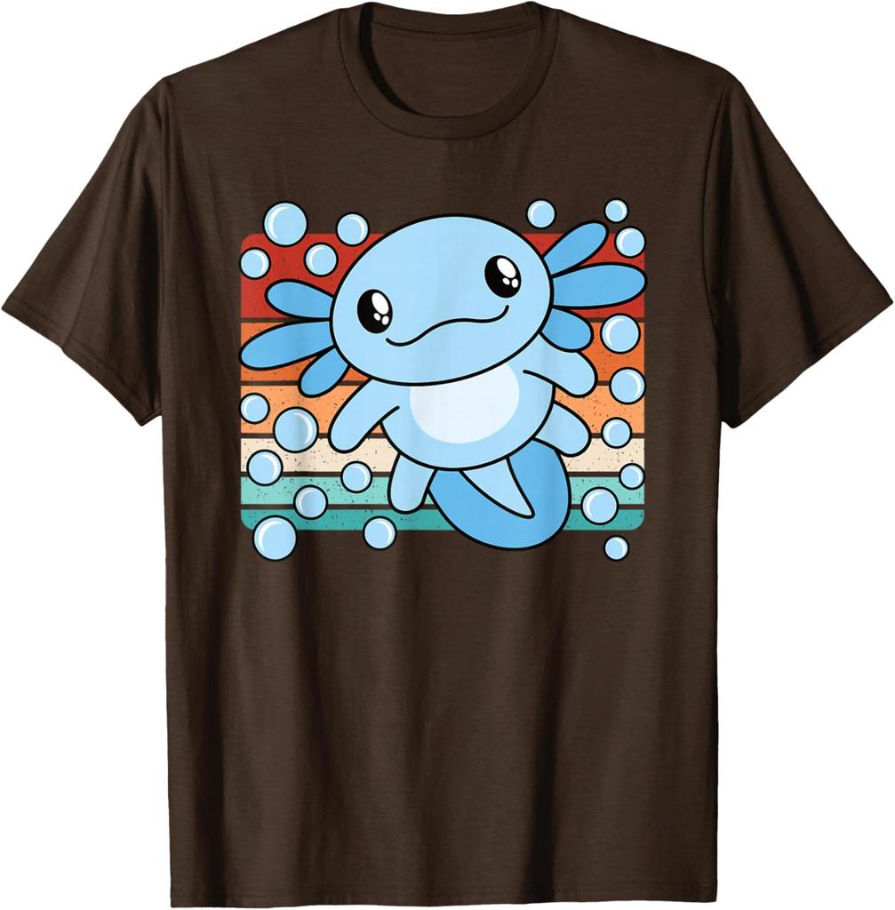 Niedlicher Axolotl Salamander Retro Sonnenuntergang Grafik T-Shirt Weiche Baumwolle Lässiges T-Shirt für Kinder