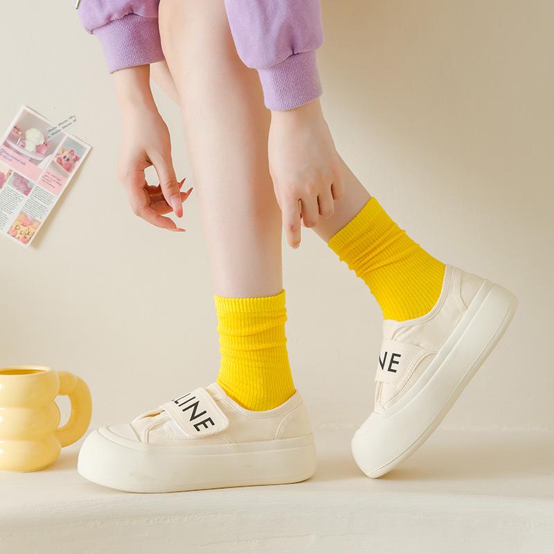 Women's Versatile Ribbed Slouch Socks - Japanese Style, Solid Color, Polyester Cotton Blend, Vertical Striped, Long Length