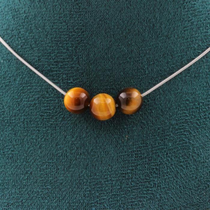 Collier - ABIJOUX - Oeil de Tigre - 3 perles 8 mm - Acier inoxydable - Taille personnalisable