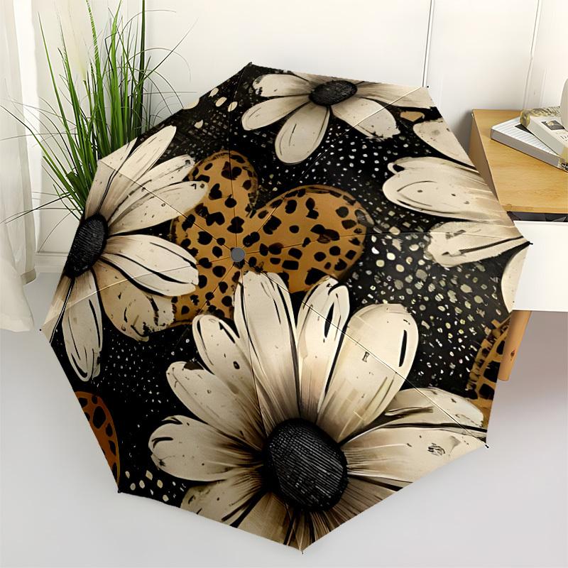 1pc Floral Leopard Automatic Folding Umbrella with 8-Rib Windproof Design, Portable Foldable Sunshade Umbrella For Halloween 127