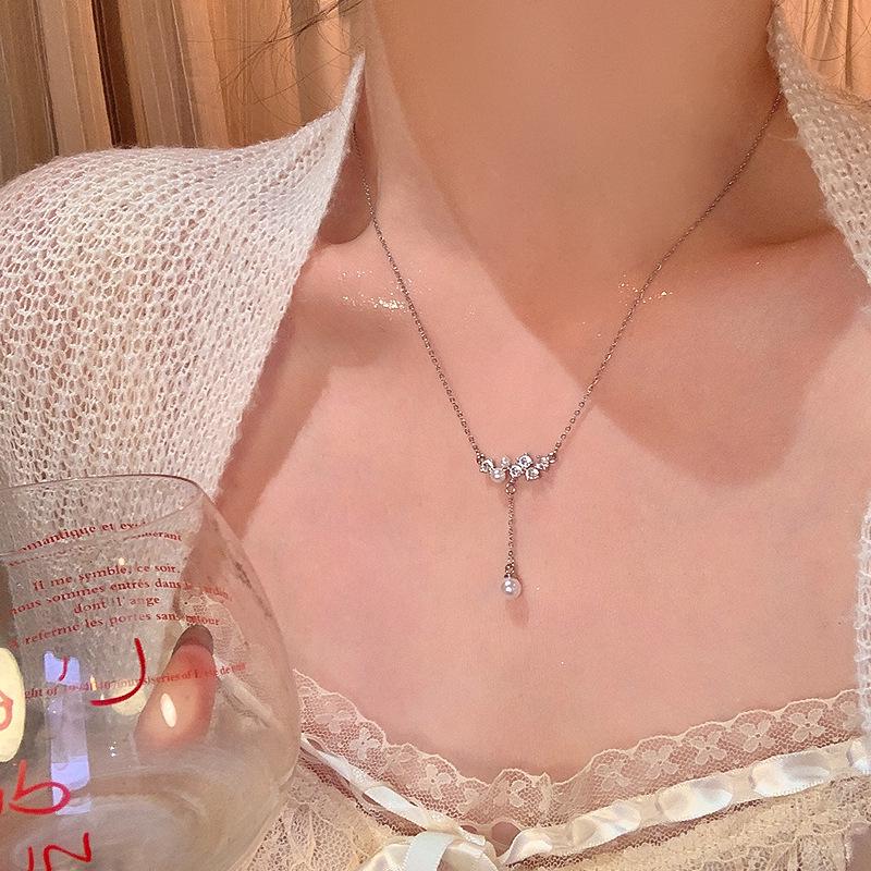 Korean Titanium Steel Pearl Necklace with Zircon Pendant - Luxury Choker Chain