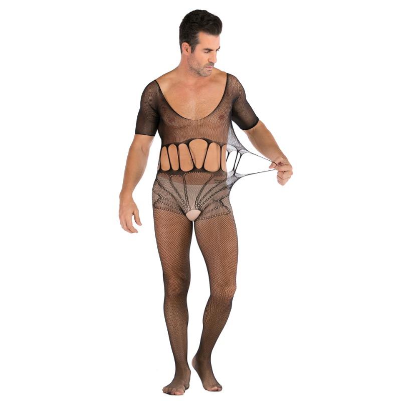 Plus Size Men's Mesh Bodysuit Sexy Lingerie Set BDSM Role Play Adjustable Fetish Night Club Costume with Fishnet Socks for Men