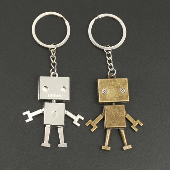 Vintage Key Chain Bronze Metal Double-sided Robot Key Ring Bag Charm Couple Pendant for Graduation Gift