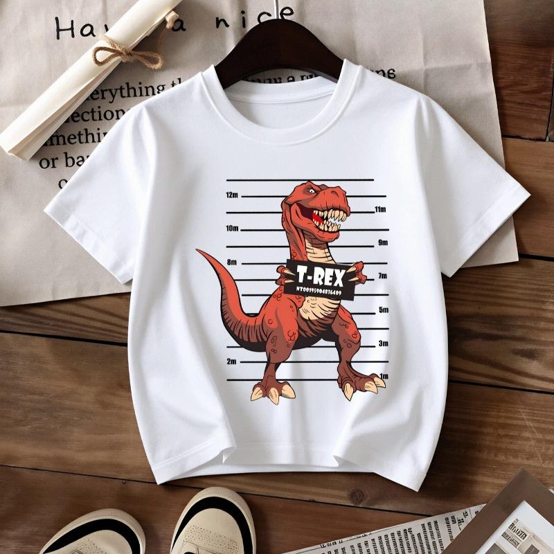 Kids T-Rex Mugshot Cartoon Dinosaur Print Crewneck Short Sleeve Tee 110 белый