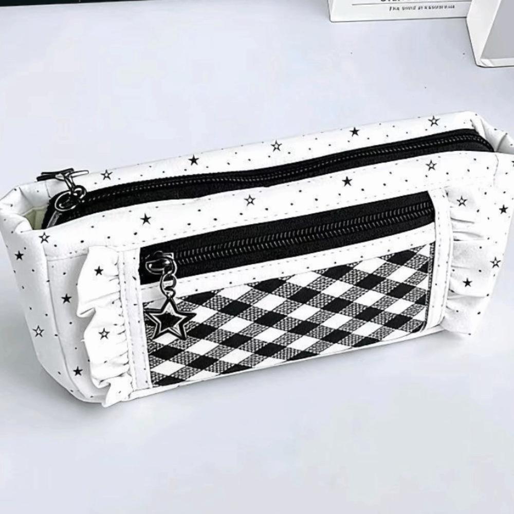 Large Capacity Star Checkered Pattern Pen Bag Lace Trim Stationery Organizer Pencil Pouch Students