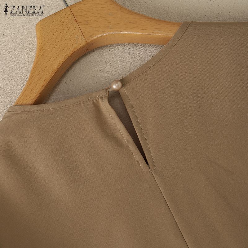 ZANZEA Women Elegant O Neck 3/4 Sleeve Pleated Tops Casual Solid Color Work Office Blouse