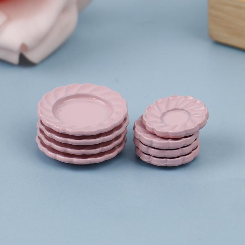 4Pcs/Set 112 Dollhouse Miniature Metal Pink Plates Kitchen Accessories
