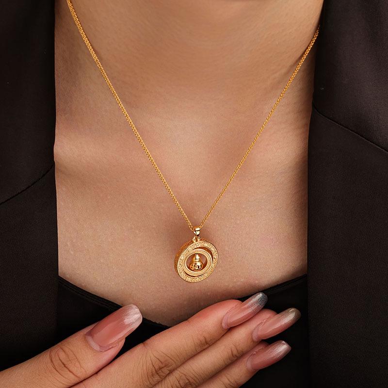 Hollow Diamond Gourd Fu Pendant Necklace – Retro Luxury Rotatable Sweater Chain for Men & Women