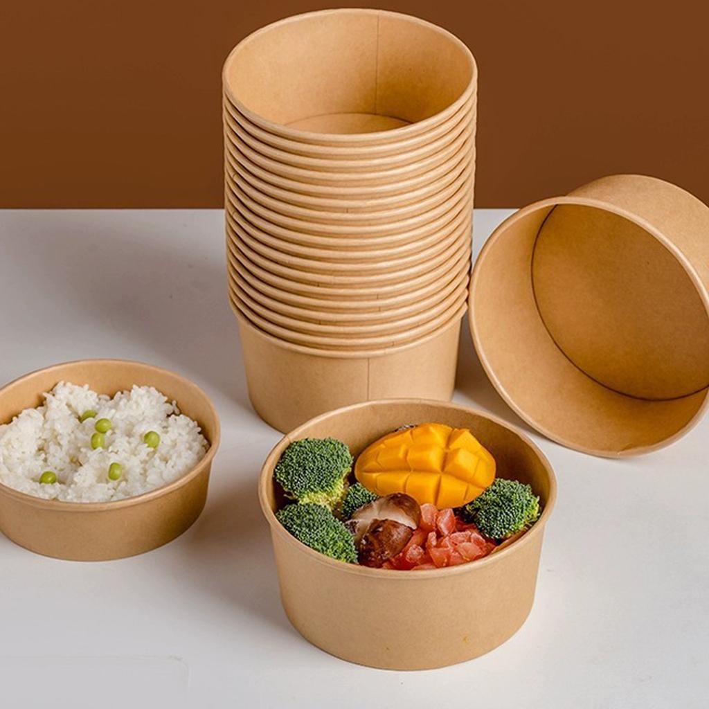 10 stk Sett med solide kraftpapirskåler med lokk i alternativ kapasitet Ideell for takeaway, piknik og rask opprydding