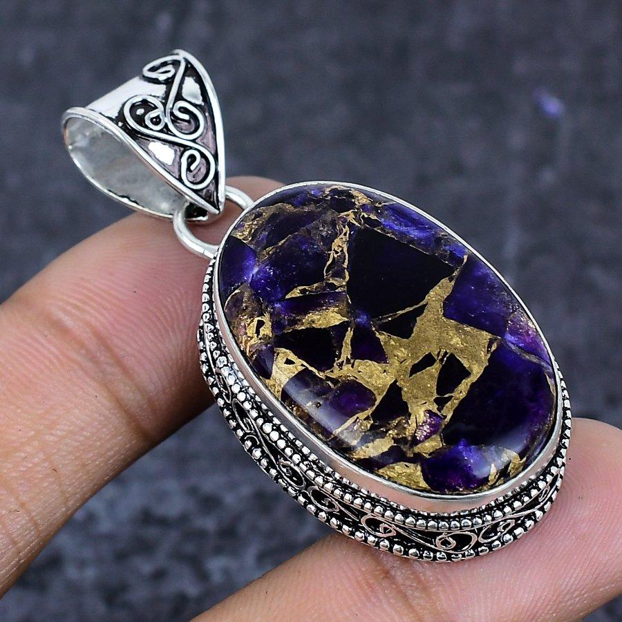 Natural Copper Amethyst Gemstone 925 Sterling Silver Jewelry Pendant 2.09" ETC-13858