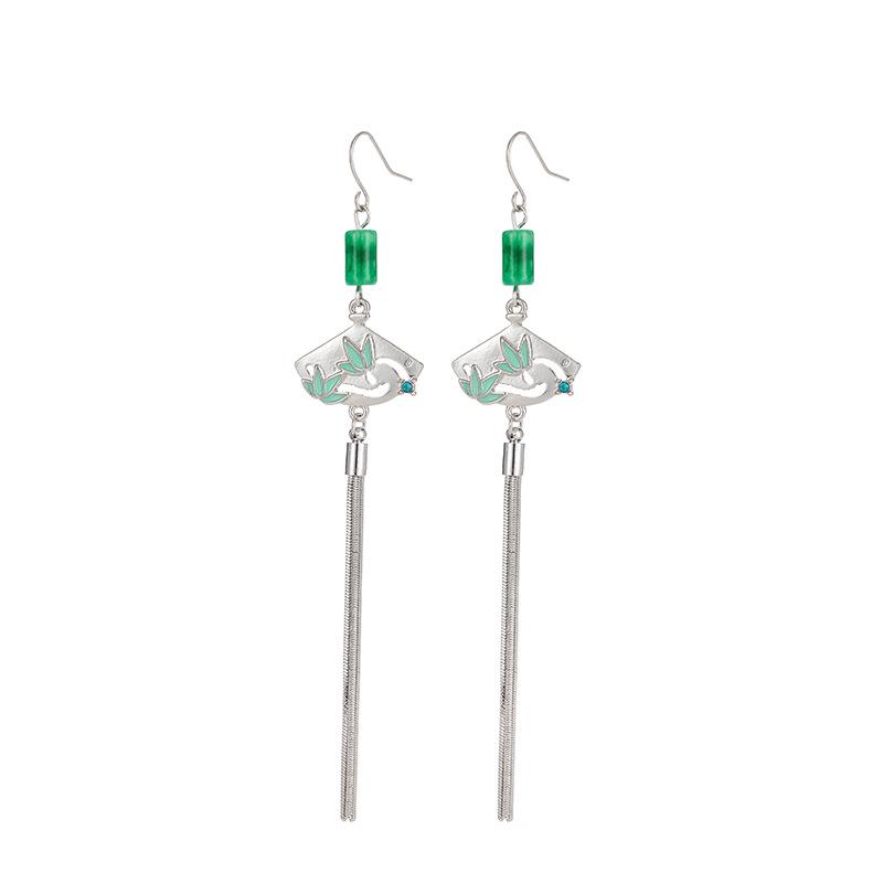 Chinese-Style Hollow Fan Bamboo Jade Earrings with Tassels
