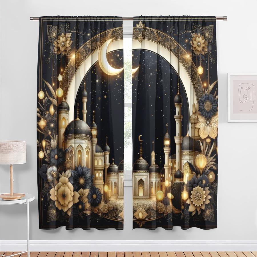 

Luxury Black Gold Banquet Ramadan Curtains Style Bedroom Living Room Drawbar Pocket Decorative Set Of 2 Made Polyester Area Decor W100*H70(CM)-Rod Pocket&2PCS