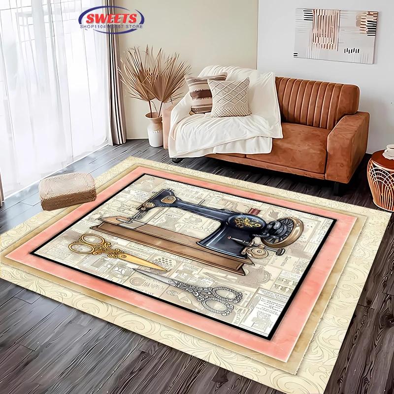 3D HD Printing Vintage Sewing Machine Carpet Multi-Size Optional Living Room Bedroom Office Large Area Mat Machine Washable Rug