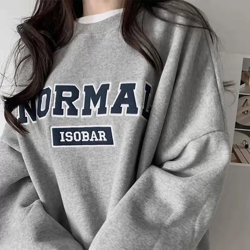 Women s Fleece Lined Crew Neck Sweatshirt Letter Patch Casual Loose Top XXL серый