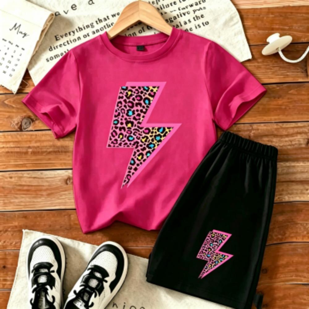 Kids Leopard Lightning Fun Printed 11 Colors Outdoor Street Kids T-shirt and Shorts 2 Piece Set Summer Home Casual Outfit Boy and Girl's Sports Set