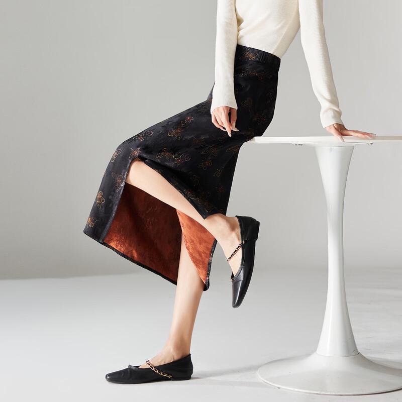 SOFSIL 2026 Spring New Chinese Style Butterfly Print Black Slit Midi Skirt