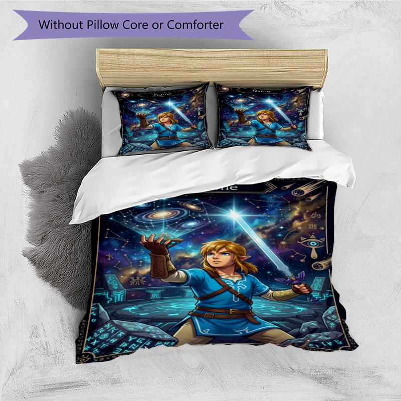 Set cuvertură de pilota 3 buc (1 * Husă de pilota + 2 * Față de pernă, Fără Miez), Set de așternut personalizat cu nume și model The Legend of Zelda, Cadou pentru Decorarea Dormitorului de Acasă