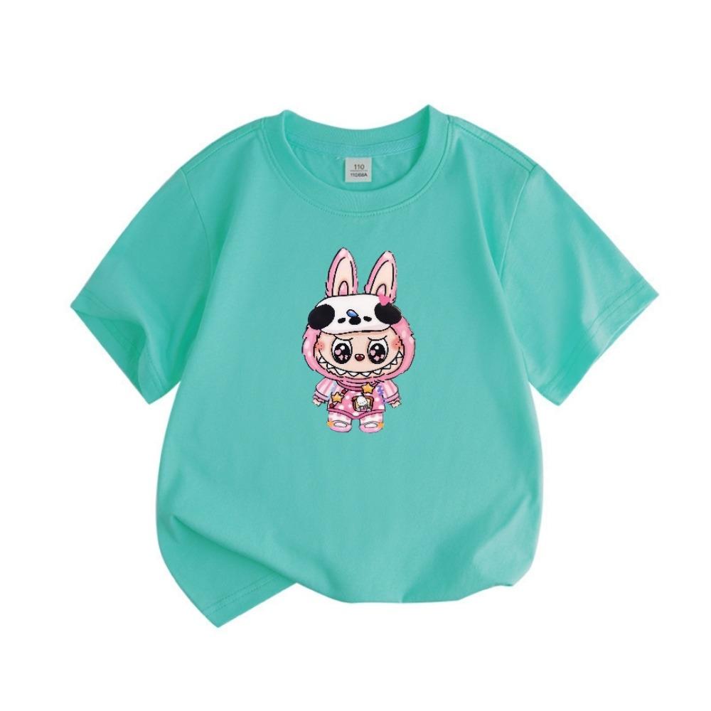 2025 Popular Children's Clothing Short Sleeved LABUBU Wearing Pajamas Pattern Round Neck T-shirt Cartoon Style Girl's Top