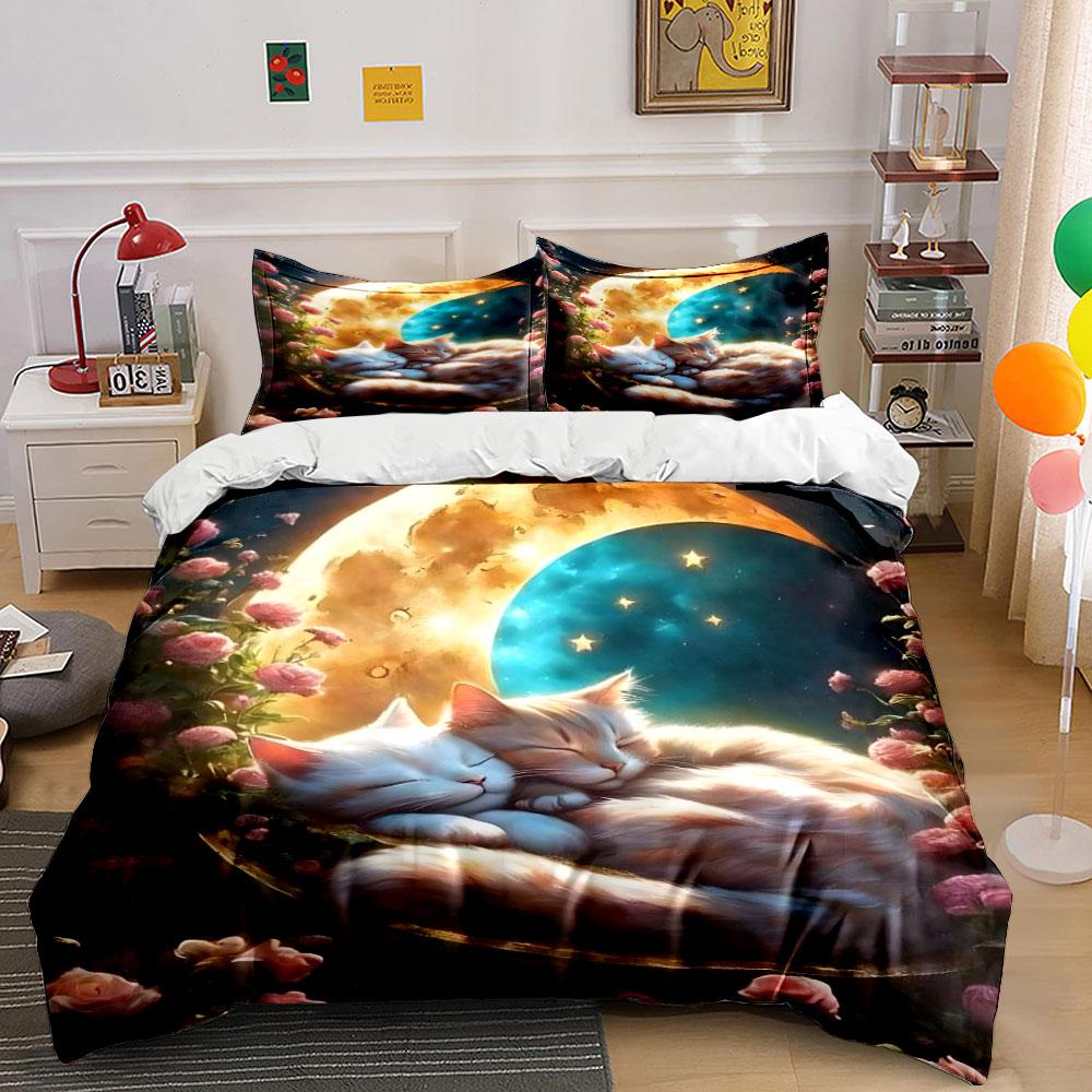 Moonlit Cats on Crescent Bed Bedding Duvet Cover Set (1*Duvet Cover 2*Pillowcases, without duvet insert)