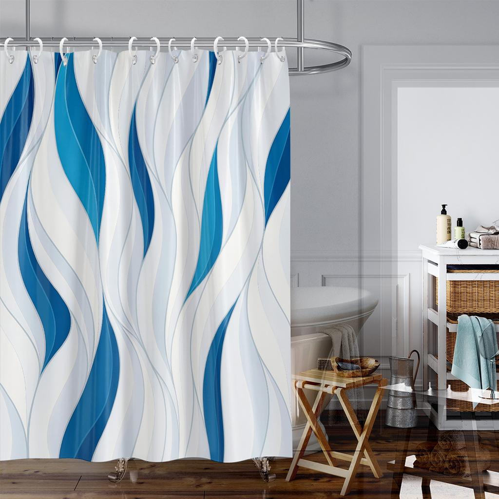 1P Blue Abstract Printed Waterproof Shower Curtain Shower Partition Hanging Curtain With 12 Hooks Multiple Sizes Easy To Install