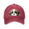Shih Tzu Dog Pattern for Pet Lovers  Adjustable Snapback Sun Hat Outdoor Camping Travel Accessory Washed Baseball Cap
