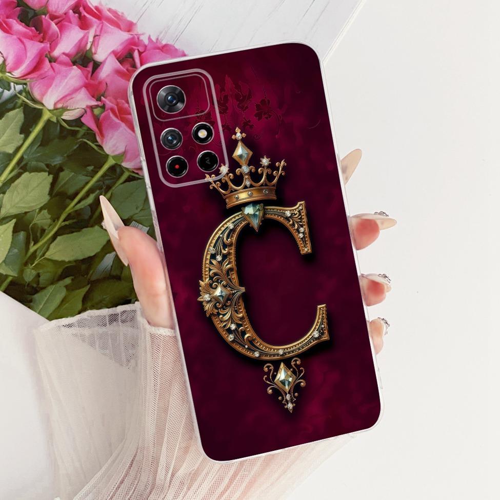 For Xiaomi Poco M4 Pro 5G Case Transparent Luxury Crown A-Z Letters 2D Flat Pattern Soft Phone Case 21091116AG MZB0BGVIN
