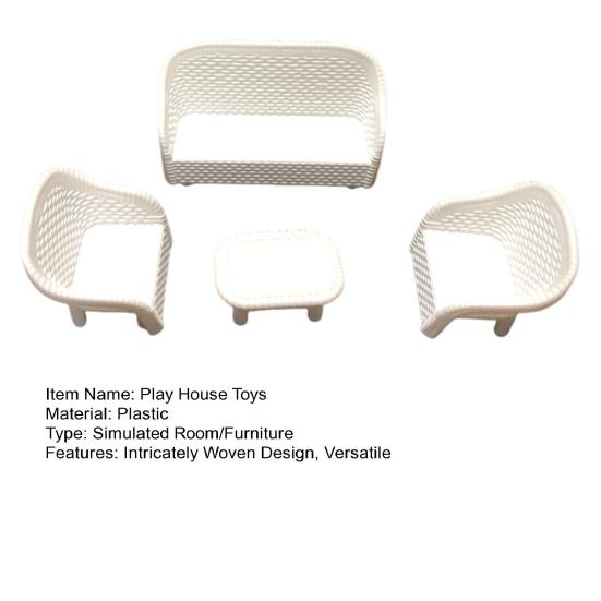 4Pcs Miniature White Wicker Tea Table And Chair Set Doll House Furniture Decor