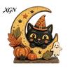 Retro Rustic Tiered Tray Decor Halloween Pumpkin Witch Cat Ghost Figurines with Crescent Base, Spooky Collectible Gift for Enthusiasts Wooden Tabletop