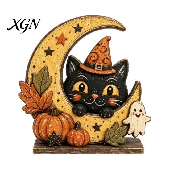 Retro Rustic Tiered Tray Decor Halloween Pumpkin Witch Cat Ghost Figurines with Crescent Base, Spooky Collectible Gift for Enthusiasts Wooden Tabletop