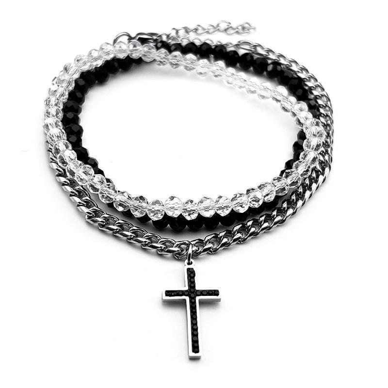Christian Crystal Cross Multi-layer Bracelet for Men Women Stainless Steel Silver Color Glass Beads Hand Chain Religion Jewelry