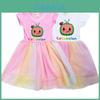 Cocomelon Kids Girl Princess Dress With Short Sleeve Cartoon Anime Print And Breathable Mesh Fabric