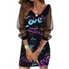 Women Dress See-through Mesh Patchwork Plus Size A-line V Neck Shiny Sequin Loose Long Sleeve Letter Print Above Knee Length Mini Dress