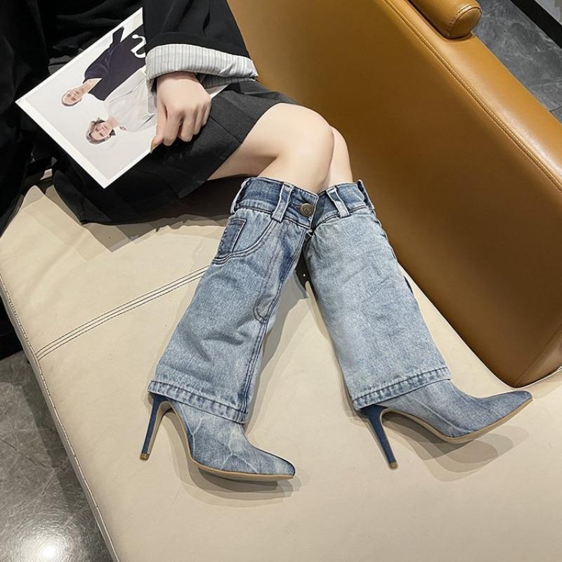 Fashion 2025 New Denim Knee High Women Shoes Winter High Heels Western Cowboy Pointed Toe Woman Goth Boots Stiletto Sexy Fashion Zapatos