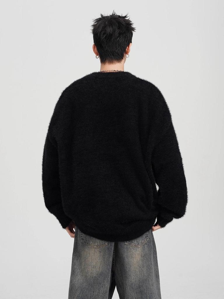 Men's Cartoon Cat Mohair Winter Sweater: American Style Loose Casual Round Neck Knitwear Cardigan