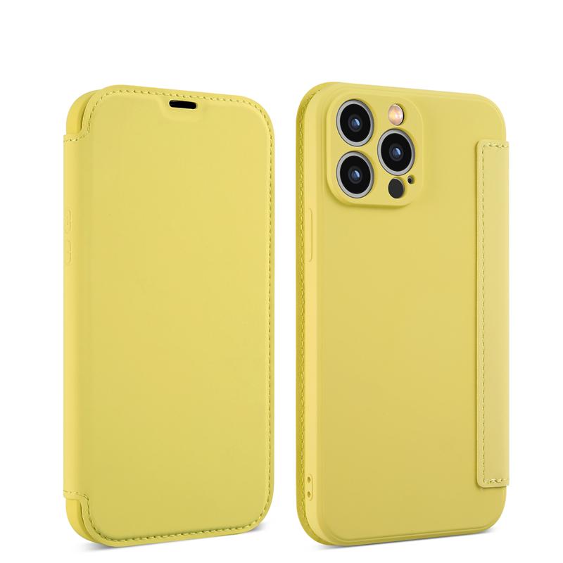 

Флип-кожаный чехол из жидкого силикона для APPLE iphone 12 13 14 11 Pro Max X XR XS Max 14 Plus, сплошной цвет, защитная карта для объектива, чехол-книжка For iPhone 12 Pro Max жёлтый