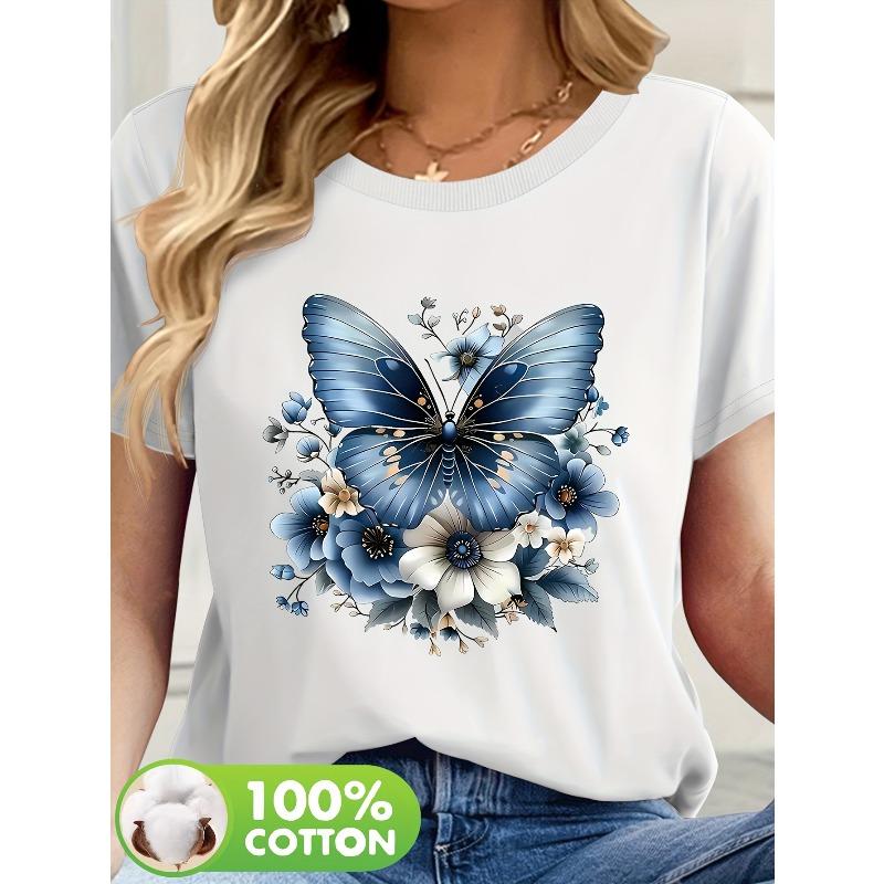 

Floral Butterfly T-Shirt Women Light Yellow Round Neck Short Sleeve T-Shirt Floral Butterfly Graphic Print Regular Fit Casual Summer Machine Washable S белый