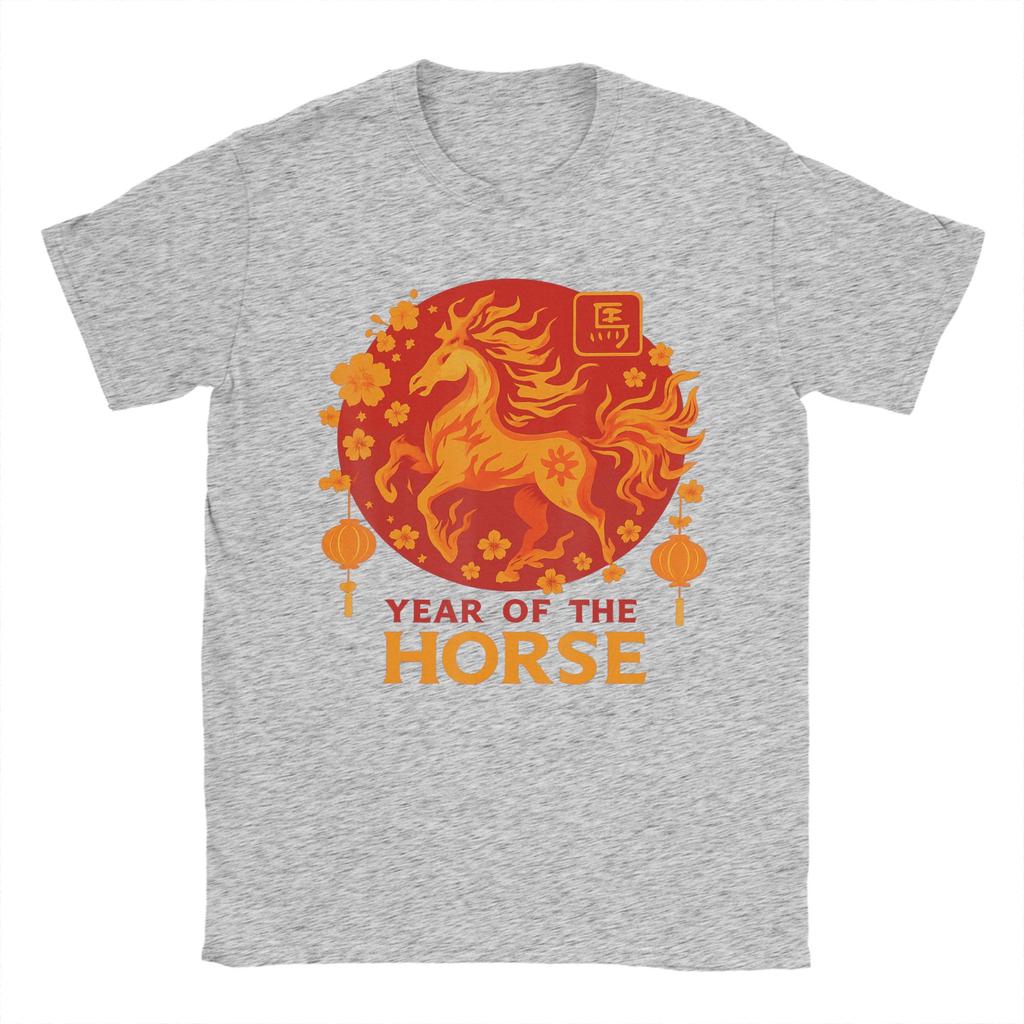 Chinese Zodiac Lunar New Year Fire Horse TShirts Unisex  Vintage Cotton Tees Crew Neck Short Sleeve T Shirts Gift Clothing