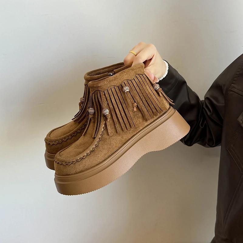 Fashion Single Boot Women's Fashion Round Toe Suede Tassel Side Zip Platform Non-Slip Booties