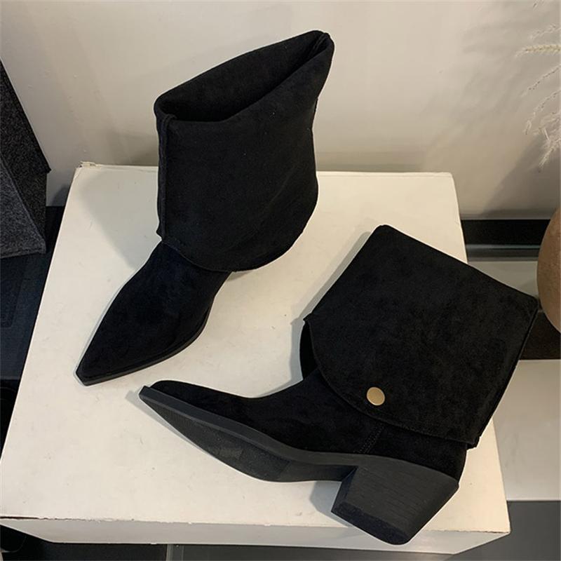 Eilyken Winter Designer Pointed Toe Women Knee High Boots Fashion Square Heels Buckle Fold Short Shoes Botas