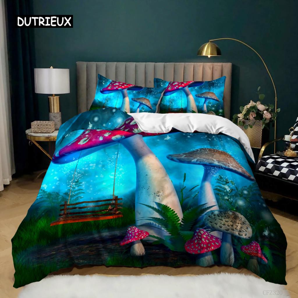 Mushroom Duvet Cover Set Queen Size Microfiber Mushrooms Ornate Doodles with Swirls Eyes Psychedelic Botany Bdding Set For Teens