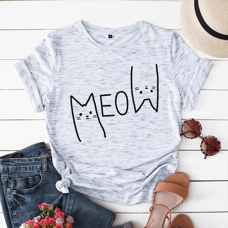 Cute Cat Cartoon Pattern Cotton T-Shirt Short Sleeve Round Neck Women Breathable 2d Print Tops