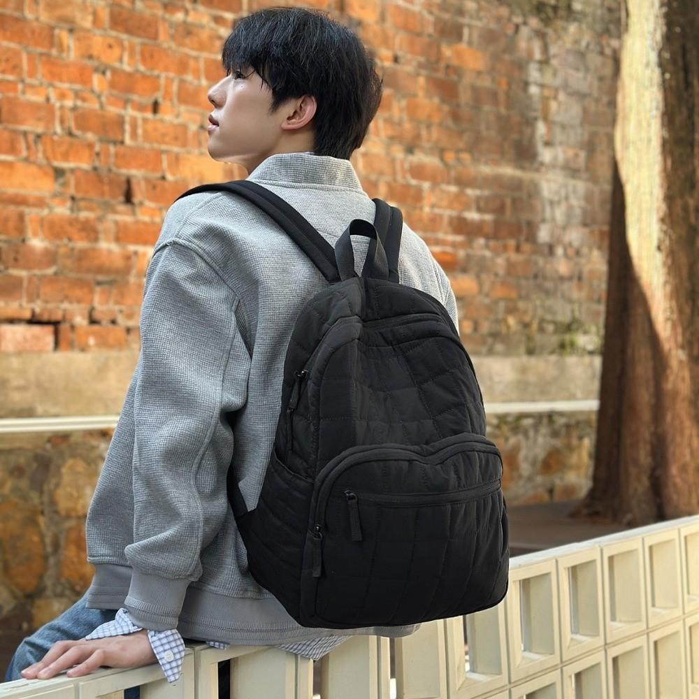 Unisex Quilted Travel Backpack Nylon Solid Color Laptop Backpack Large Capacity Multi-pocket Student Schoolbag