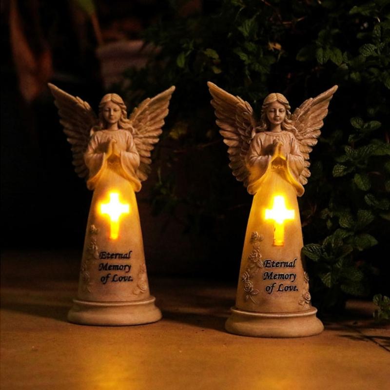 Statui Înger Grădină Rășini Decorațiuni Exterioare, Figurine Îngeri Solare Luminoase pentru Decorațiuni Grădină Curte Artă Cadou Comemorativ