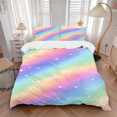 3pcs Rainbow Stars Bedding Set Down Comforter Cover and Pillowcases, Suitable for All Seasons(No Insert)-0729004