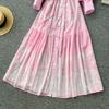 French Vintage Summer Autumn Stand Collar Long Lantern Sleeve Print Long Maxi Dress for Women