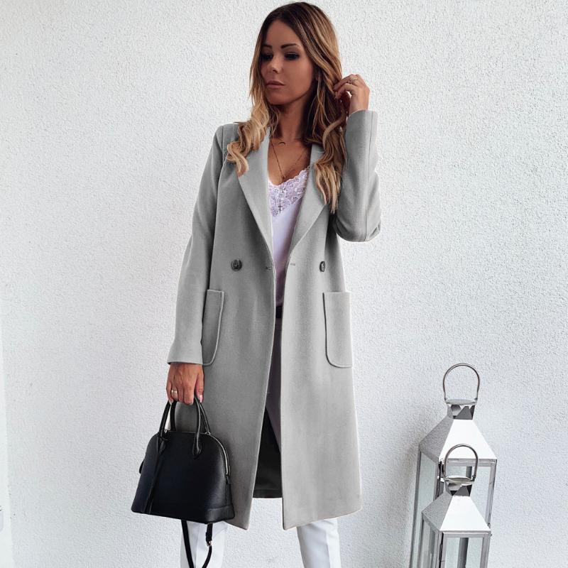 Modă Toamnă și Iarnă Jachetă Culoare Solidă Rever Stil Retro Mânecă Lungă Două Buzunare Guler Tip Costum Lână Jachetă Lungă Femei