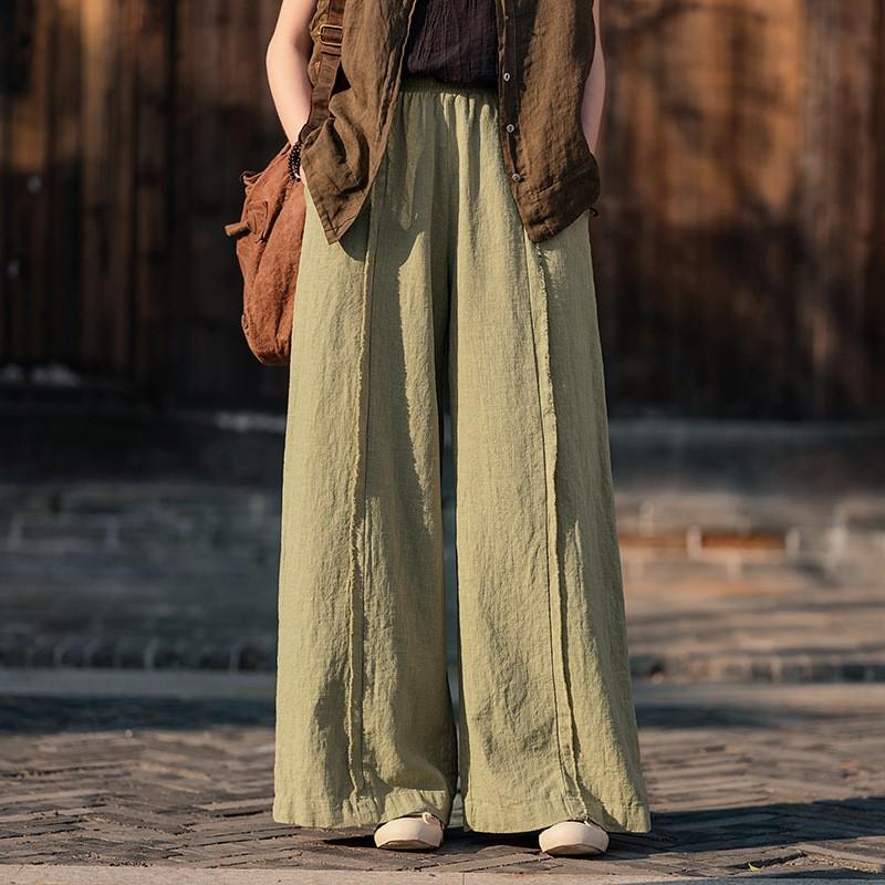 Johnature Women Vintage Wide Leg Pants Spring Solid Color Elastic Waist Loose Trousers Patchwork Long Pants