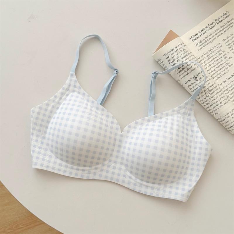 Gingham Wireless Bralette Seamless Adjustable Strap Bra For Women S светло-синий