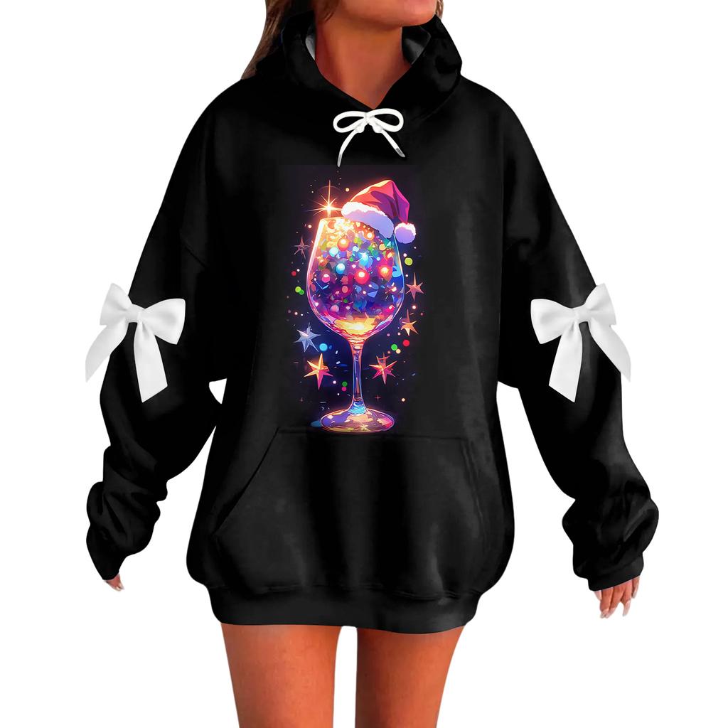 Ladies' Christmas Printed Bow Long Sleeved Loose Fitting Headband With Rope Hooded Sweatshirt Top